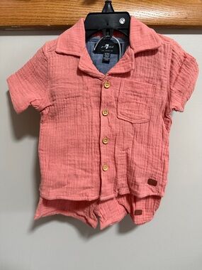 7 For All Mankind Coral Button-Up Gauze Shirt & Shorts Set